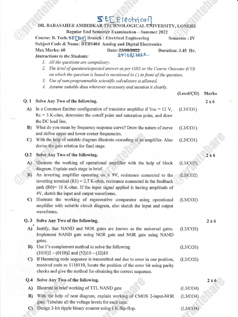 Analog & Digital Electronics Exam Paper | PDF | Logic Gate | Electronic ...