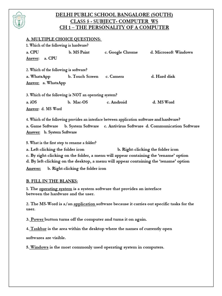 Delhi Public School Bangalore (South) Class 5 - Subject-Computer Ws CH1 ...