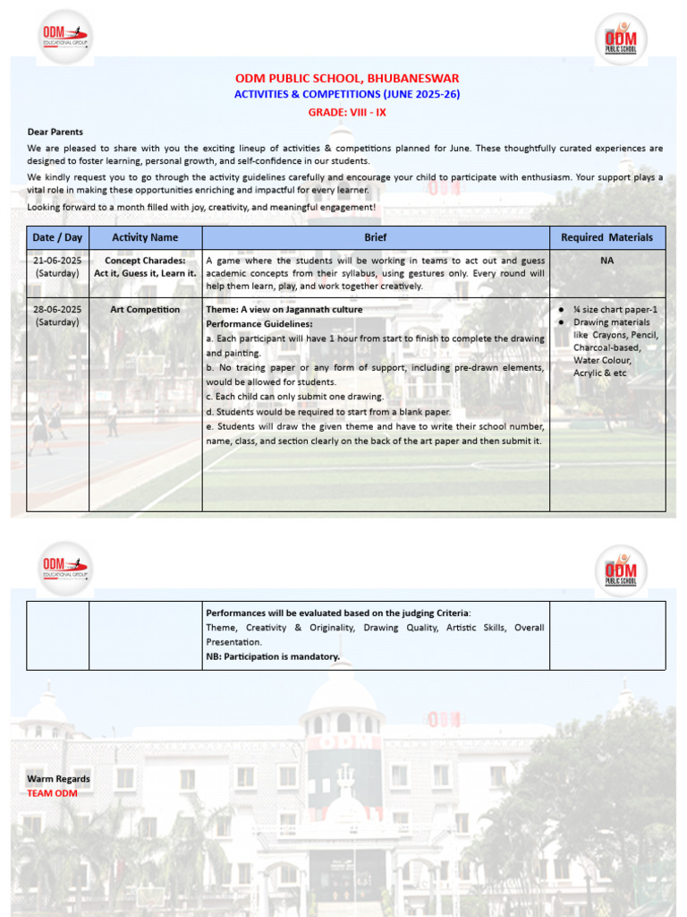 Viii - Ix June Activities & Competitions 2025-26 | PDF | Cognitive ...