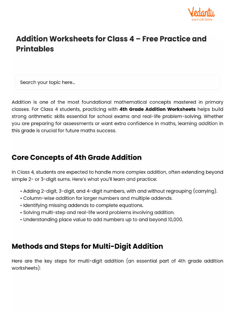 Addition Worksheets For Class 4 - Free Practice and Printables | PDF
