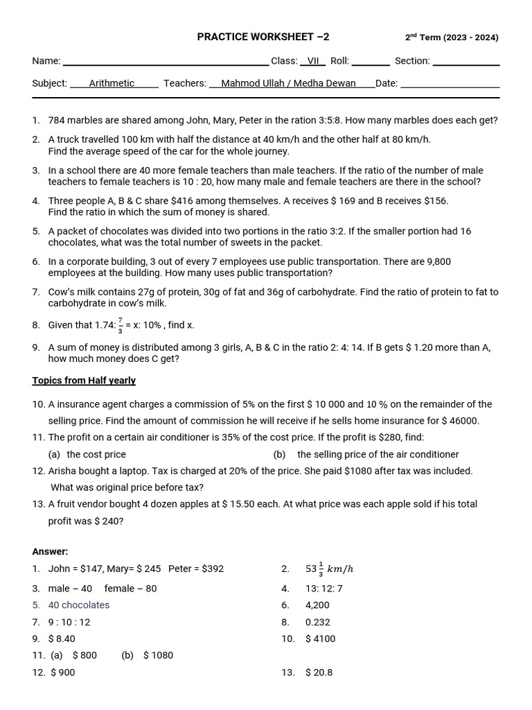 Class VII Arithmetic PWS-2 | PDF | Chess Theory