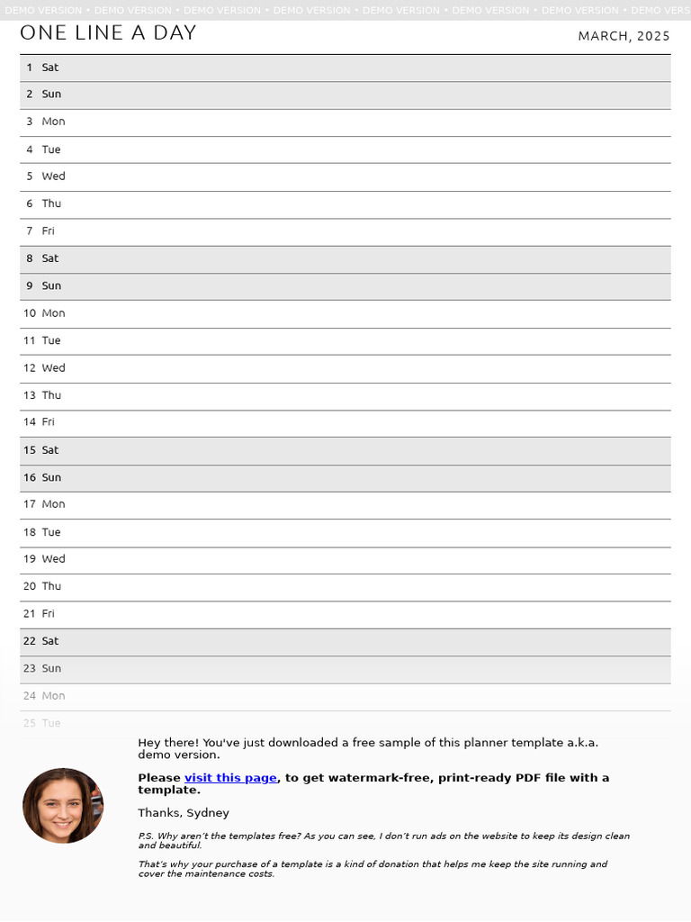 One Line a Day Planner Template | PDF