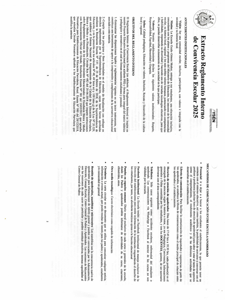 Extracto Reglamento de Convivencia Escolar Escuela G G Munoz | PDF