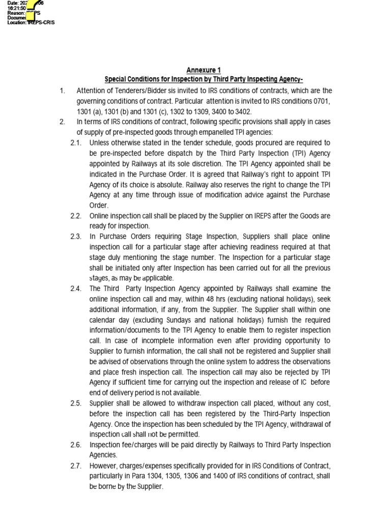 TPI Inspection Charges for Railways | PDF | Justice | Crime & Violence