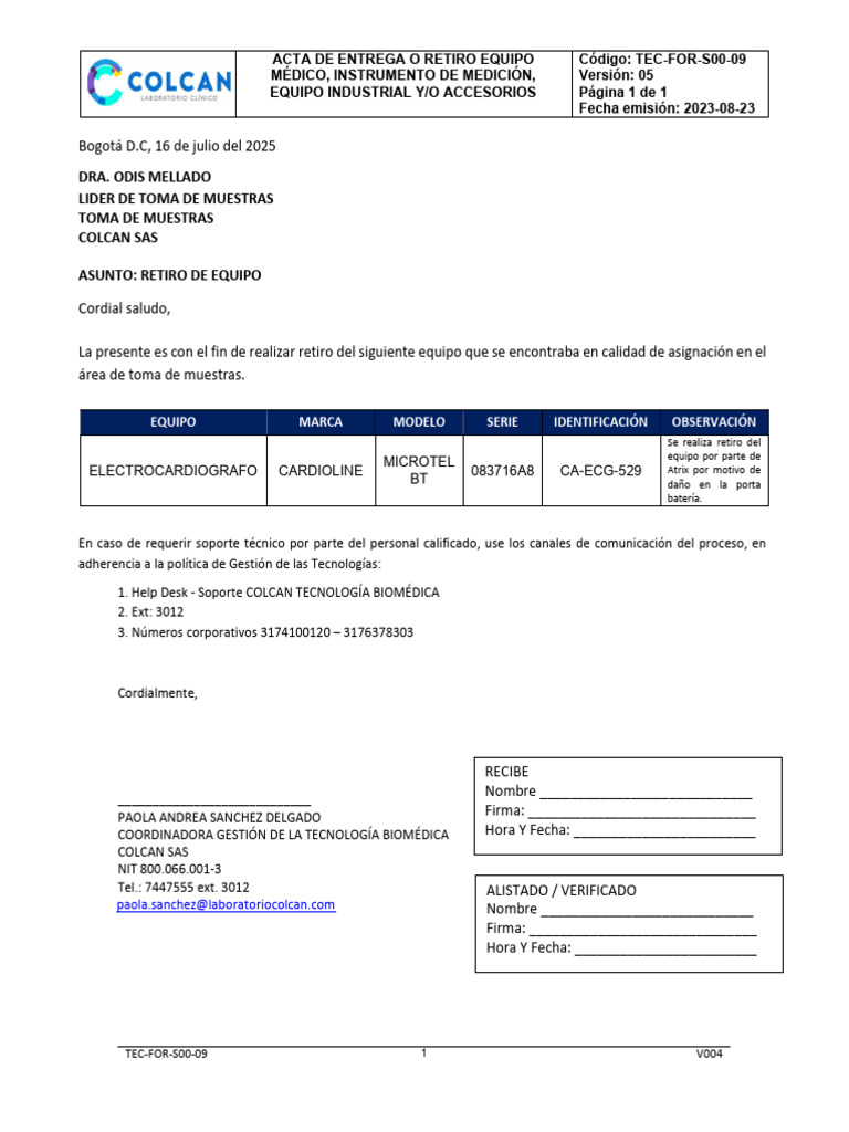 Retiro de Equipo Médico en COLCAN SAS | PDF