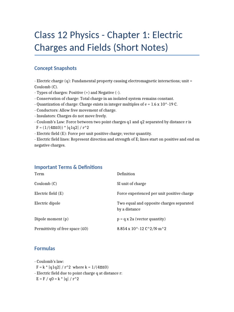 Class 12 Physics: Electric Charges Notes | PDF | Electric Field ...