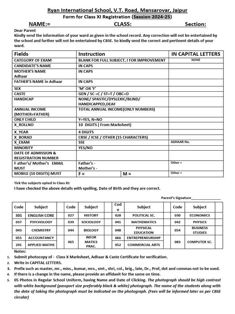 Class XI Registration Form 2024-25 | PDF | Secondary Education ...