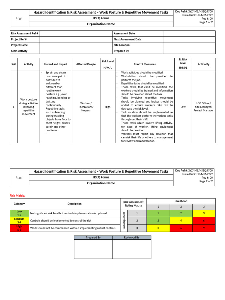 Hazard Identification & Risk Assessment - Work Posture & Repetitive ...