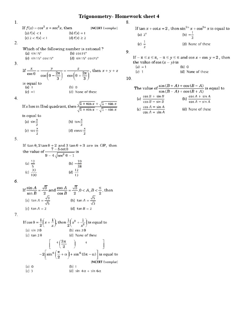 Trigonometry HW Sheet 4 | PDF