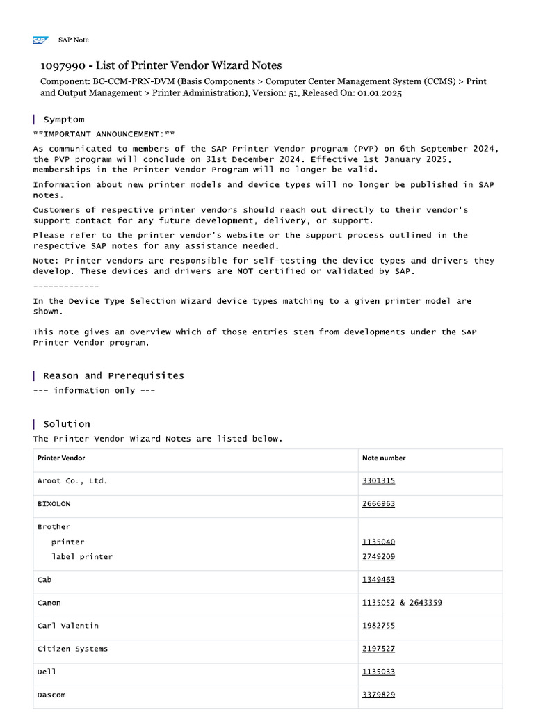 List of Printer Vendor Wizard Notes | PDF