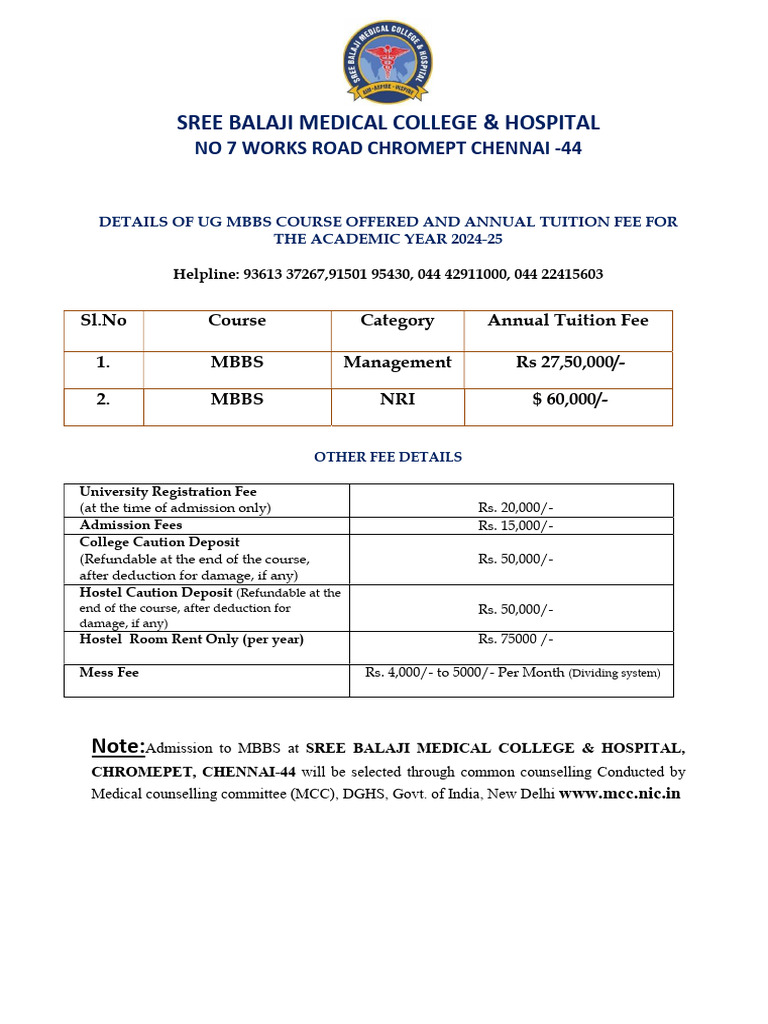 Mbbs Course and Fee Details 2024 25 | PDF