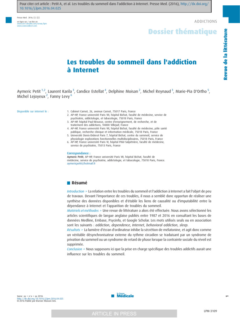 Troubles du sommeil et addiction Internet | PDF | Sommeil | Insomnie