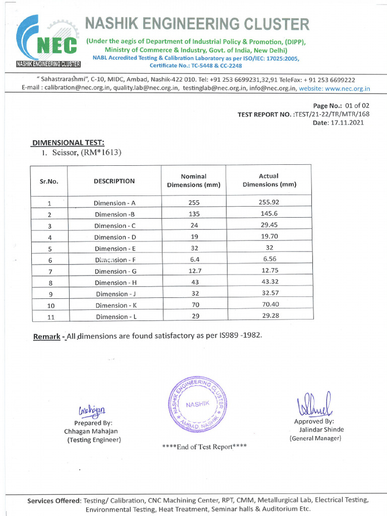 NEC Scissor Dimention Report | PDF