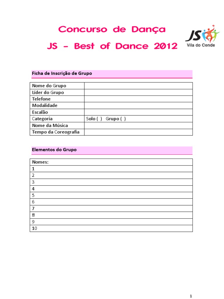 Ficha de Inscrição para Concurso de Dança | PDF | Música pop | Música ...