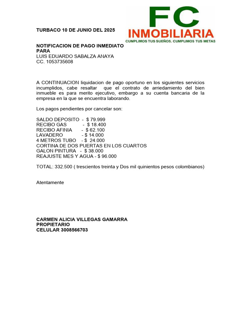 Notificación de Pago Inmediato a Luis Sabalza | PDF