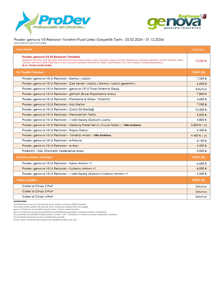 Prodev Genova V5 UI Restoran Fiyat Listesi | PDF