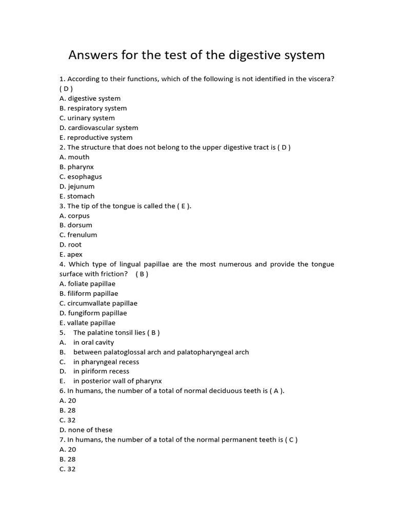 Answers For The Test of The Digestive System | PDF | Stomach | Pancreas