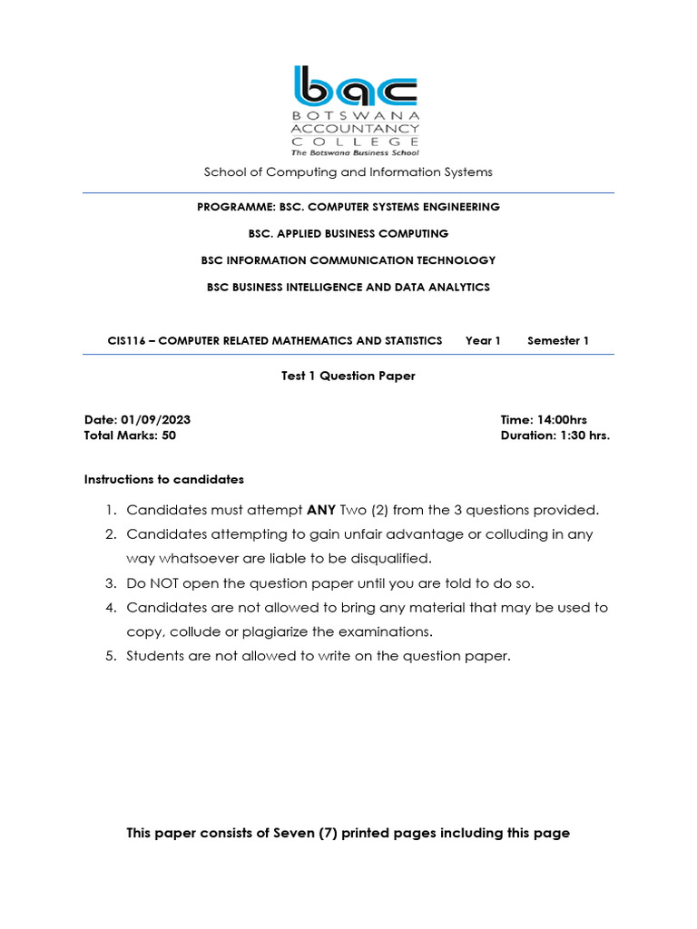 CMS 2023 Test 1 Question Paper | PDF | Mathematics
