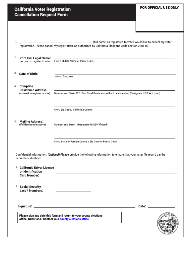 Cancel California Voter Registration Form | PDF | Voter Registration ...