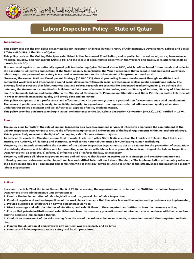 Qatar Labour Inspection Policy Overview | PDF | Labour Law | Regulatory ...