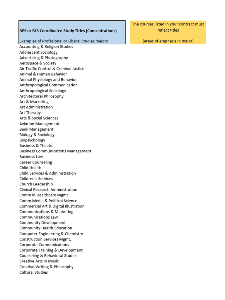 Example of Concentrations and Areas of Emphasis Majors | PDF ...