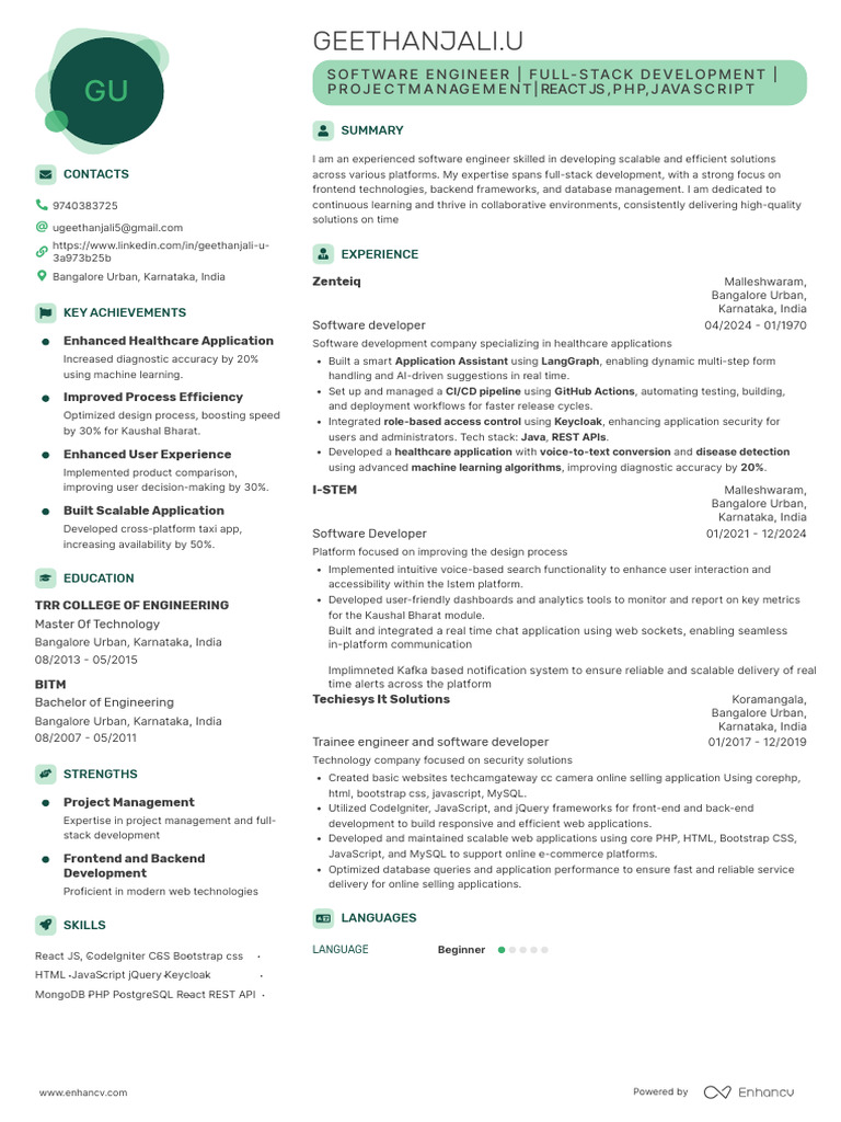 U Geethanjali Resume Edited | PDF | Java Script | Bootstrap (Front End ...