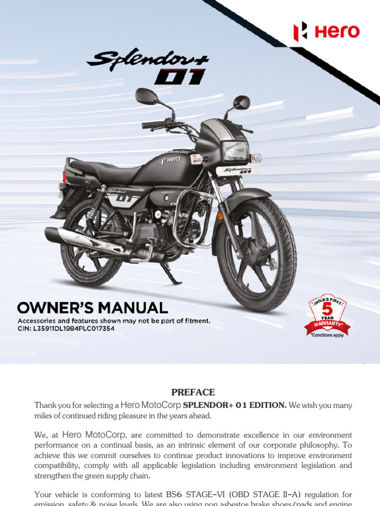 Hero MotoCorp SPLENDOR+ 01 Manual | PDF | Headlamp | Clutch