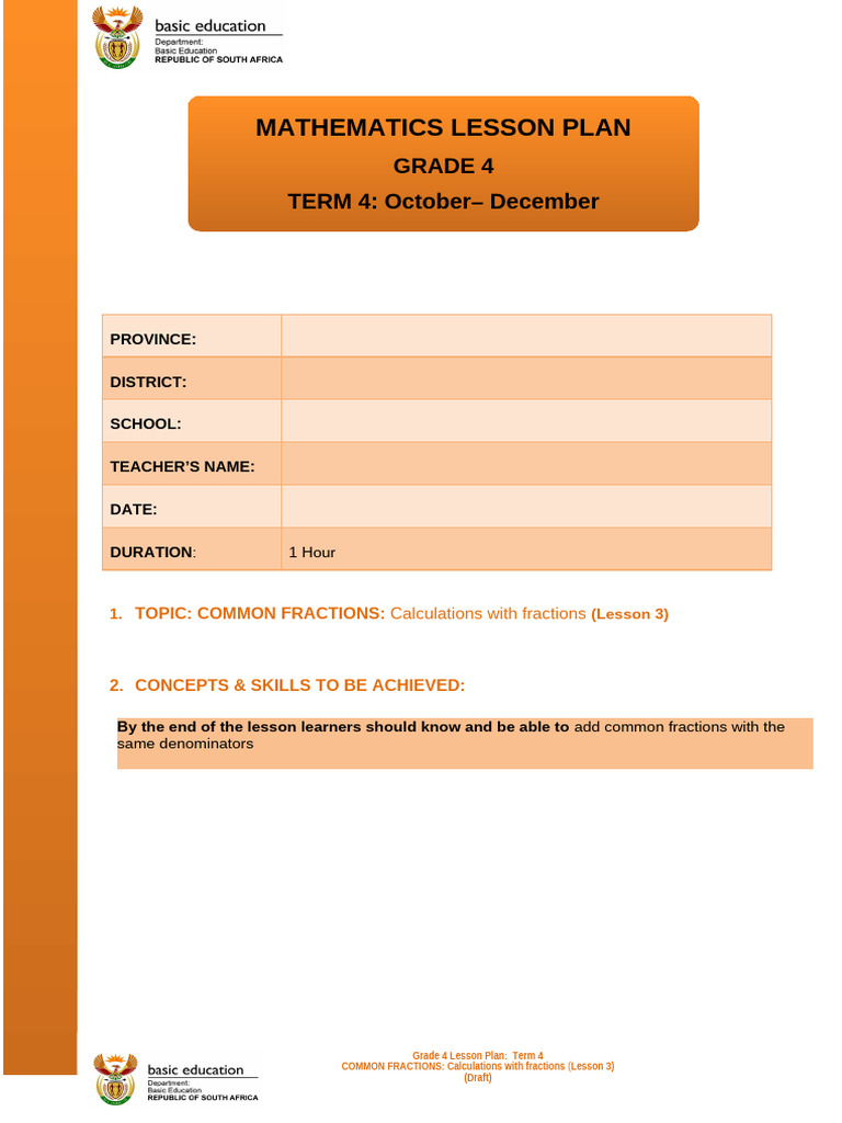 Grade 4 Term 4: Adding Common Fractions | PDF | Lesson Plan | Homework