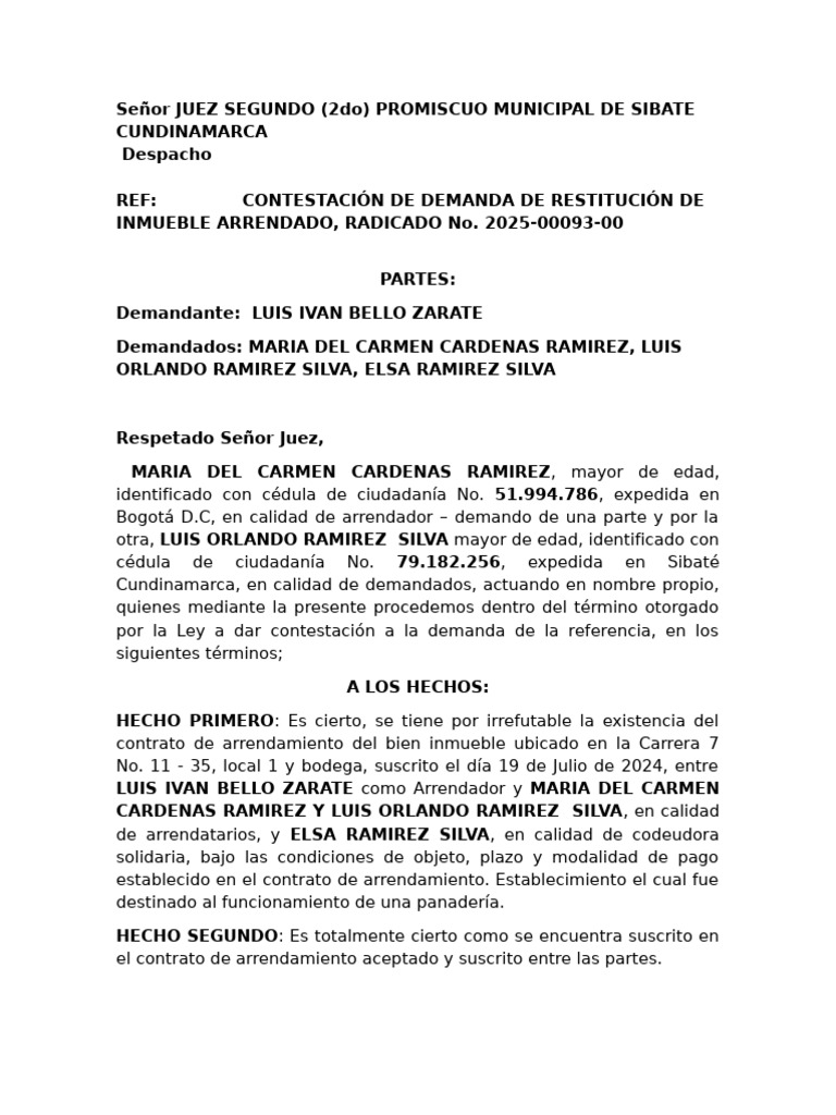 Contestación a Demanda de Restitución Inmueble | PDF | Demanda judicial ...