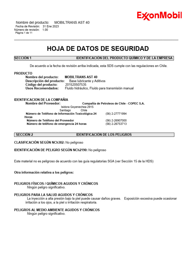 Hoja de Seguridad Mobiltrans AST 40 | PDF | Descarga electrostática | Agua