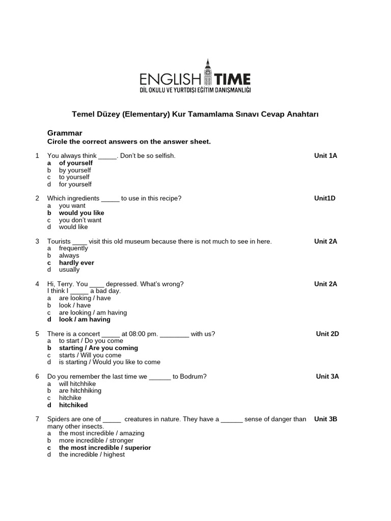 Elementary Exam Answer Key | PDF | Cuisine