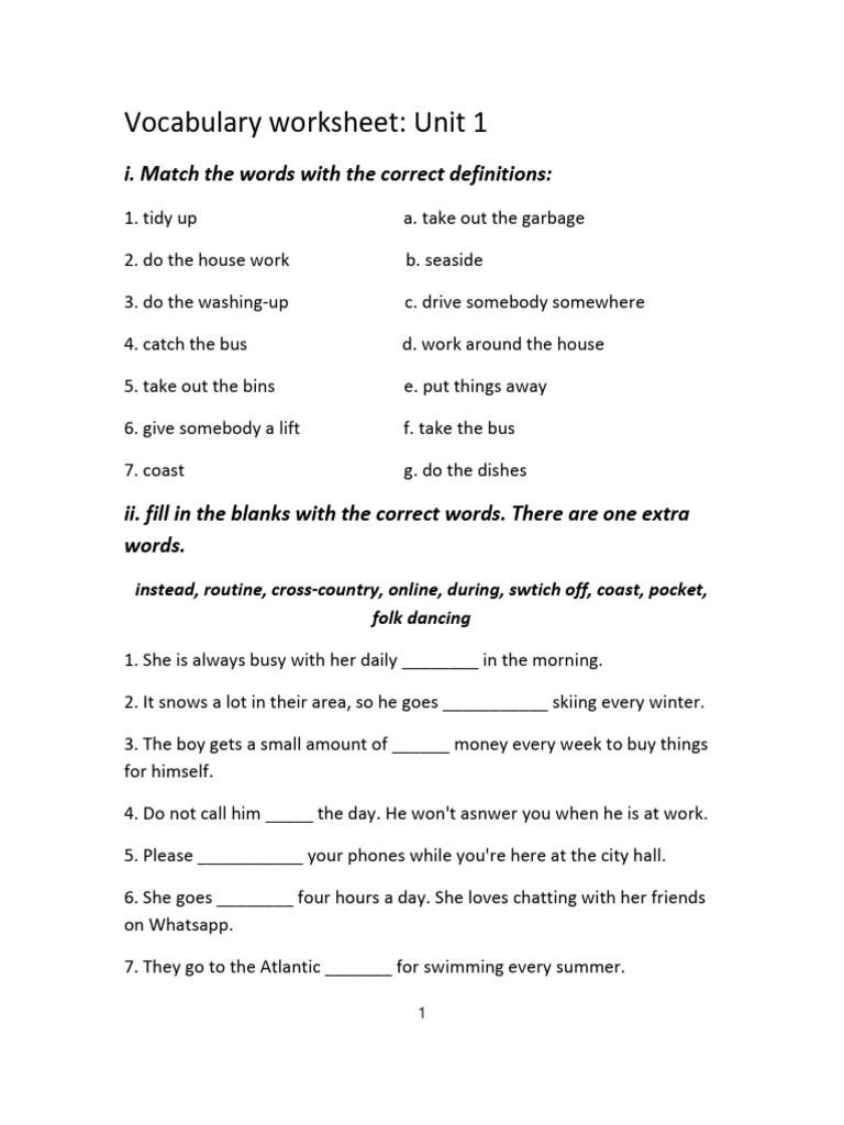 Unit 1 Vocabulary Worksheet | PDF