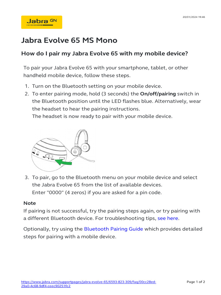 How Do I Pair My Jabra Evolve 65 With My Mobile Device | PDF