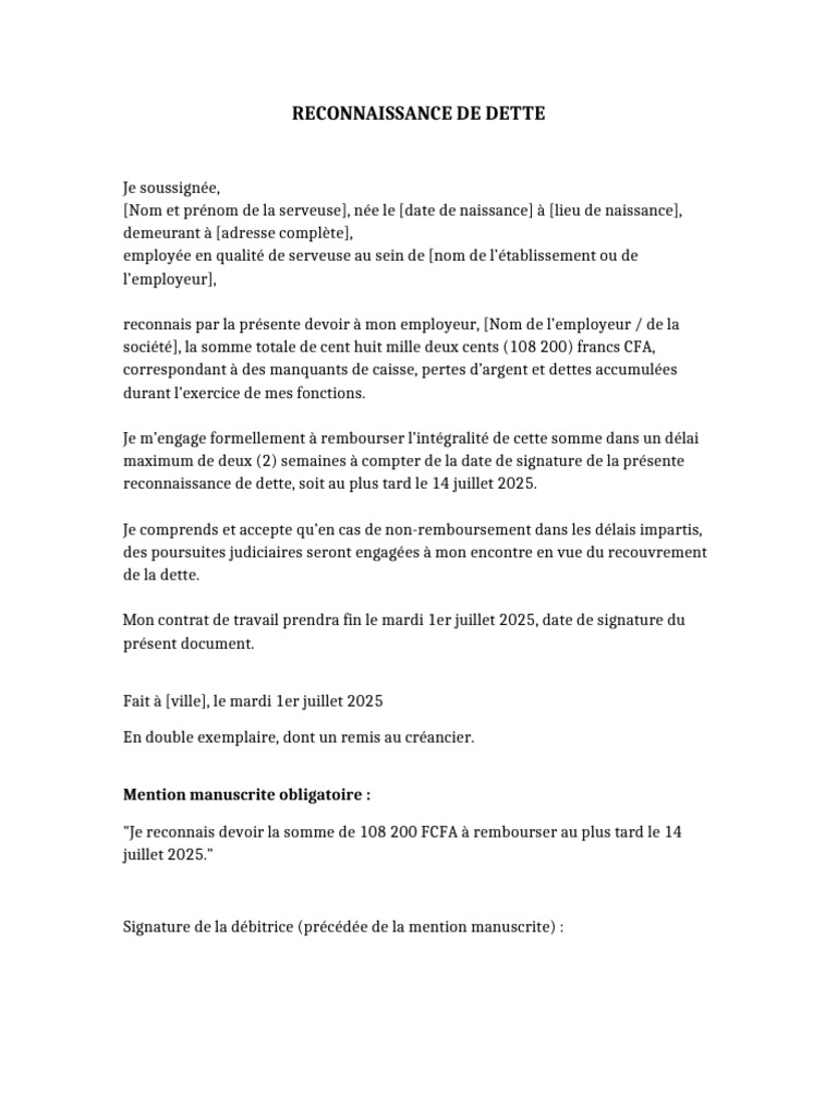 Reconnaissance de dette de 108 200 FCFA | PDF