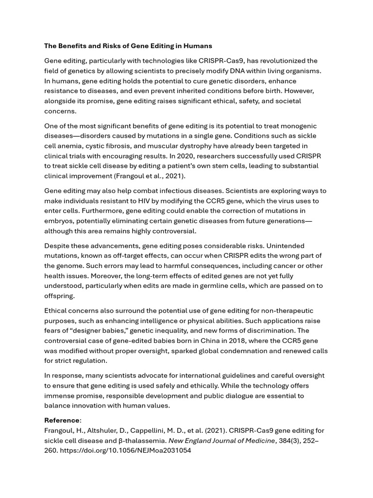 Gene Editing in Humans: Benefits & Risks | PDF | Biological Engineering ...