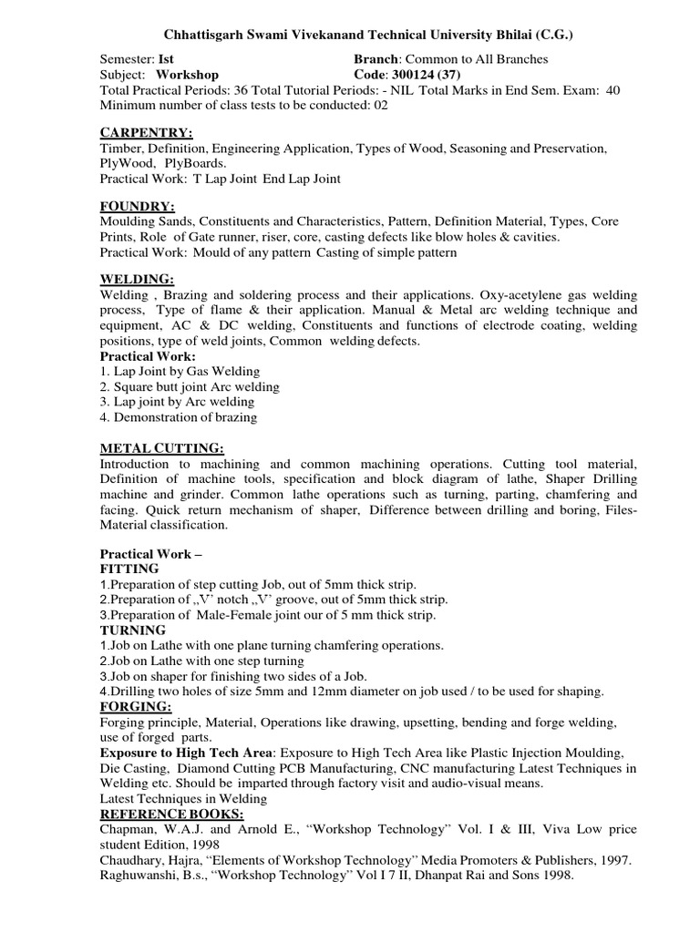 Csvtu Syllabus 300124 Workshop | PDF | Welding | Construction