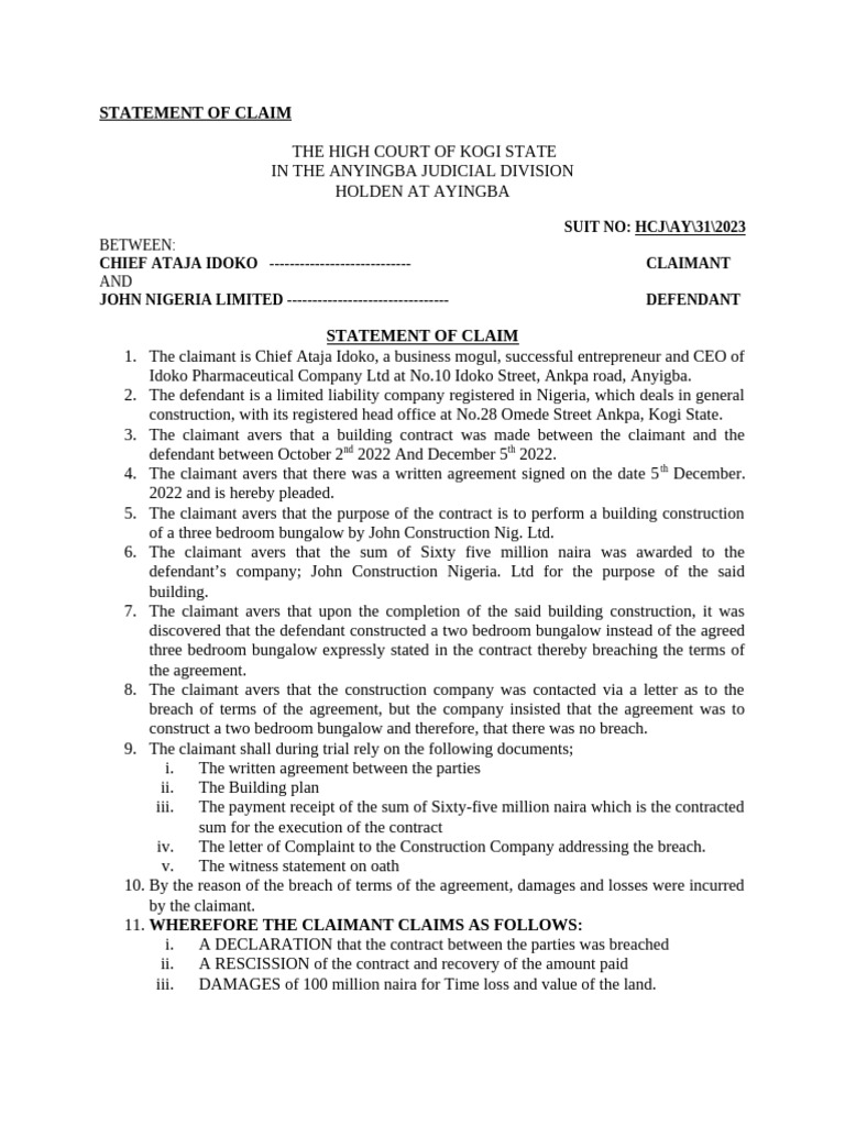 Kogi State Contract Breach Claim | PDF | Damages | Private Law
