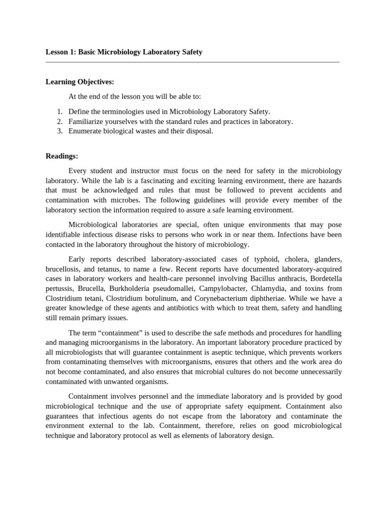 Lesson 1 Basic Microbiology Laboratory Safety | PDF | Microbiology ...