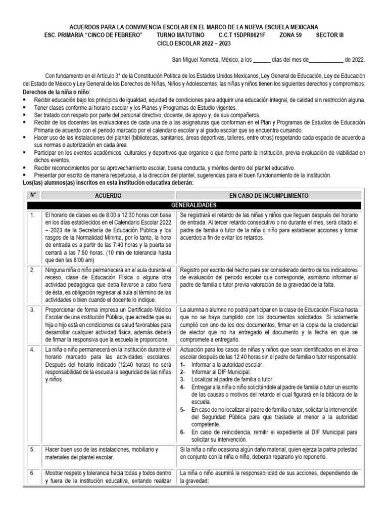 Acuerdos de Convivencia Escolar 2022-2023 | PDF | Escuelas | Maestros