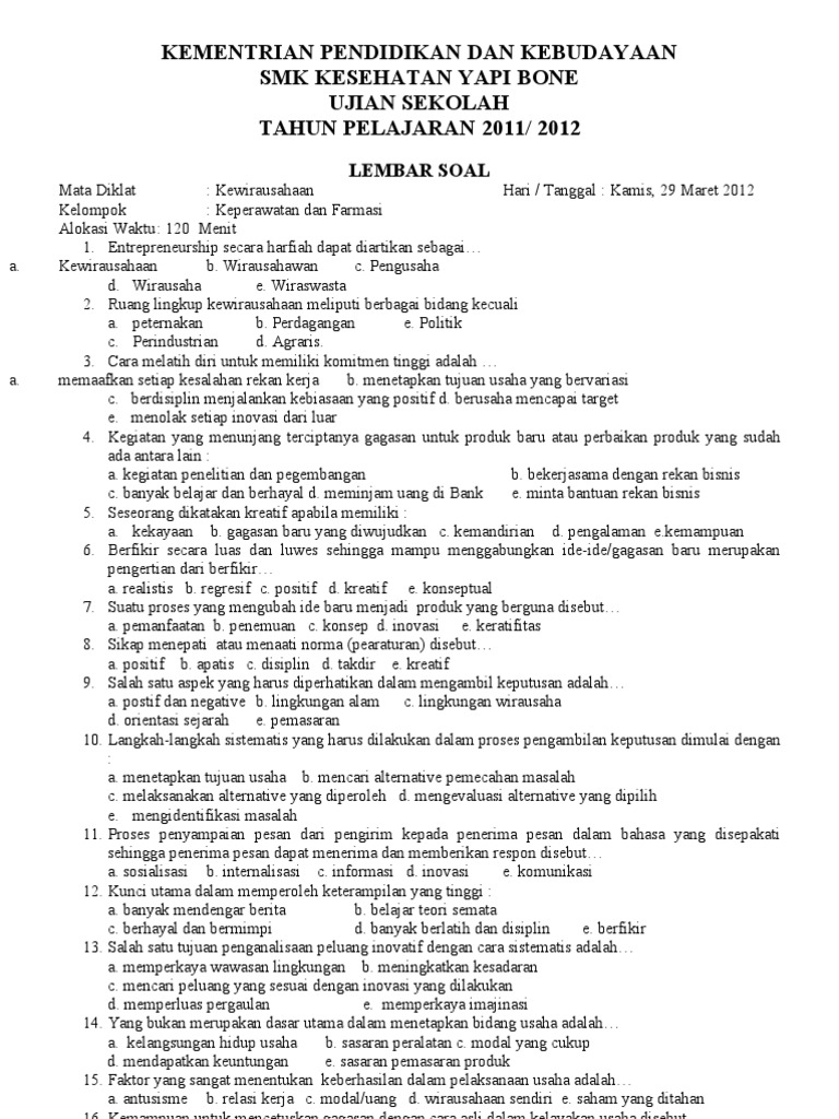 Soal Uas Kewirausahaan