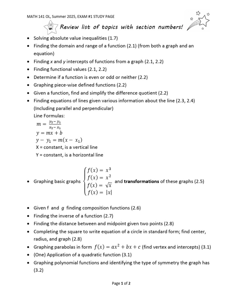 MATH 141 Summer 2025 Exam 1 Study Guide | PDF