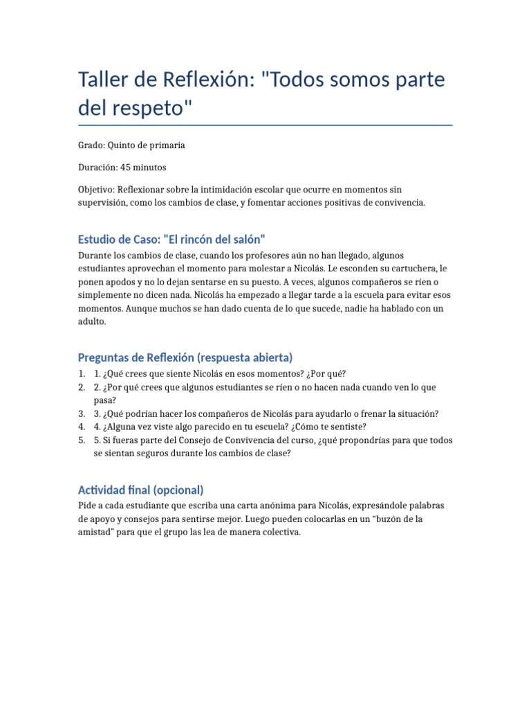 Taller sobre Respeto y Convivencia Escolar | PDF