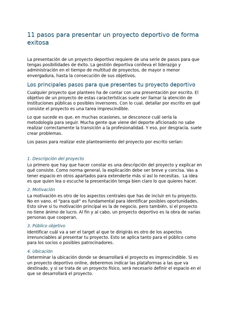 11 Pasos para Presentar Un Proyecto Deportivo de Forma Exitosa | PDF ...