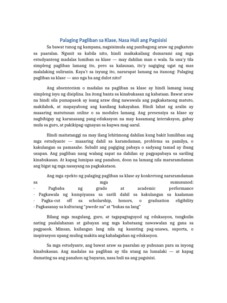 Palaging Pagliban Sa Klase Editoryal | PDF