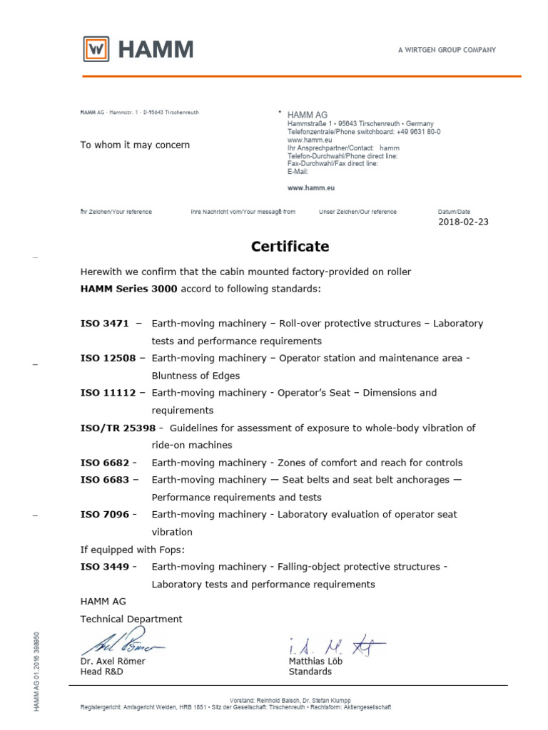 ROPS Certification for HAMM Series 3000 | PDF