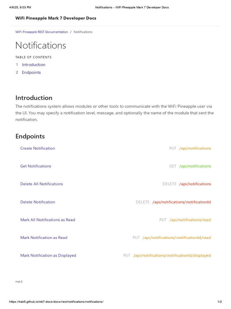 Notifications - WiFi Pineapple Mark 7 Developer Docs | PDF