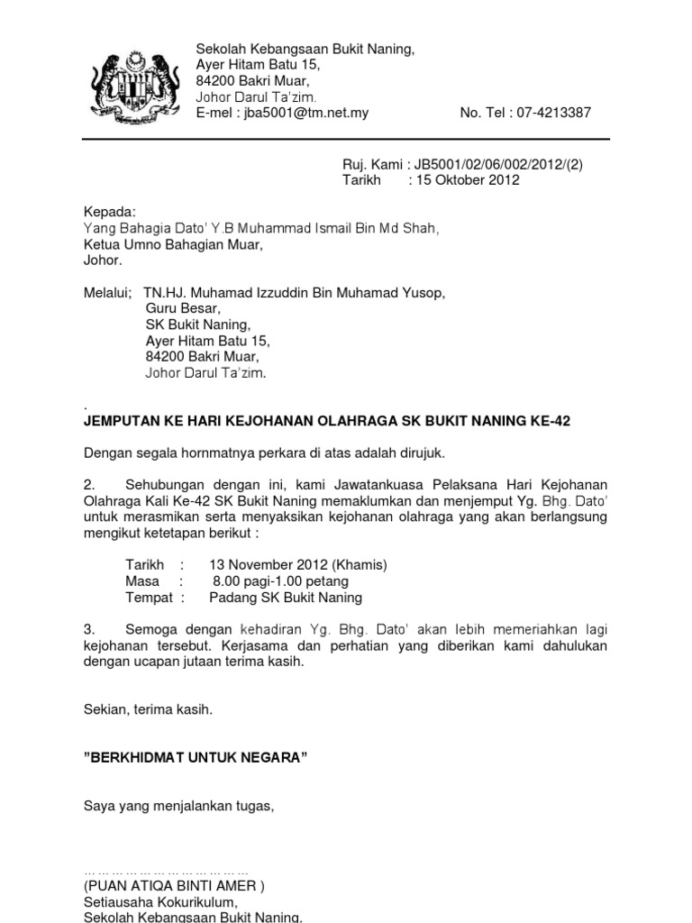 Format Surat Rasmi Dua Melalui Ketua Jabatan