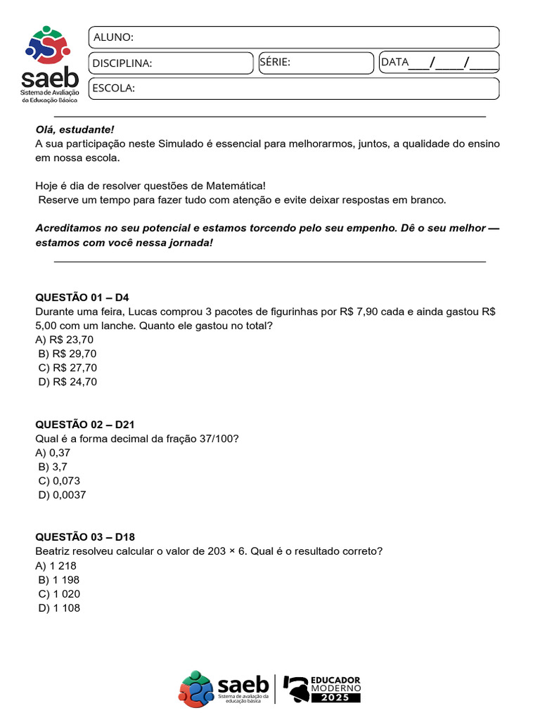 Simulado SAEB Matemática 9º Ano | PDF