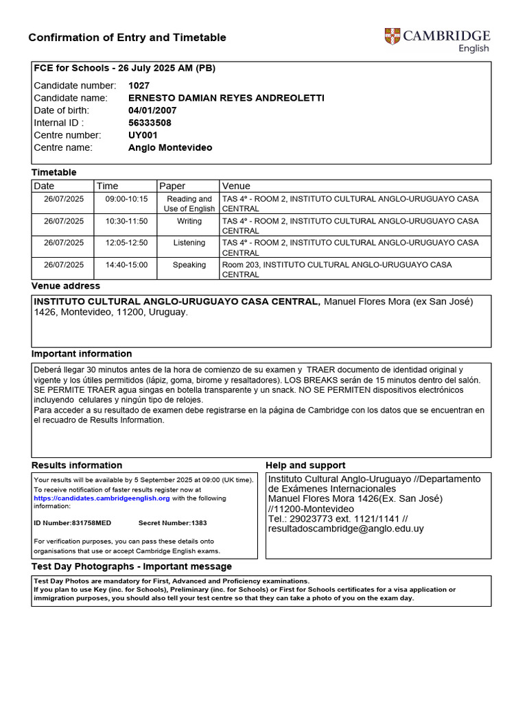 Confirmation of Entry and Timetable | PDF
