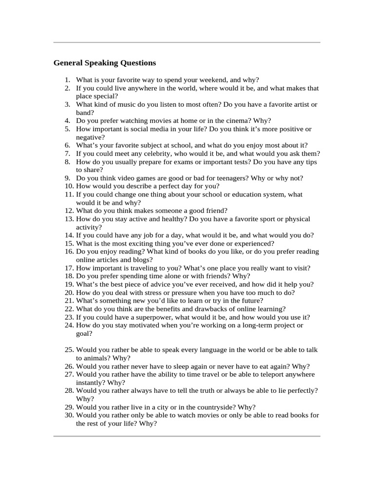 20 Engaging General Speaking Questions | PDF | Chess Theory